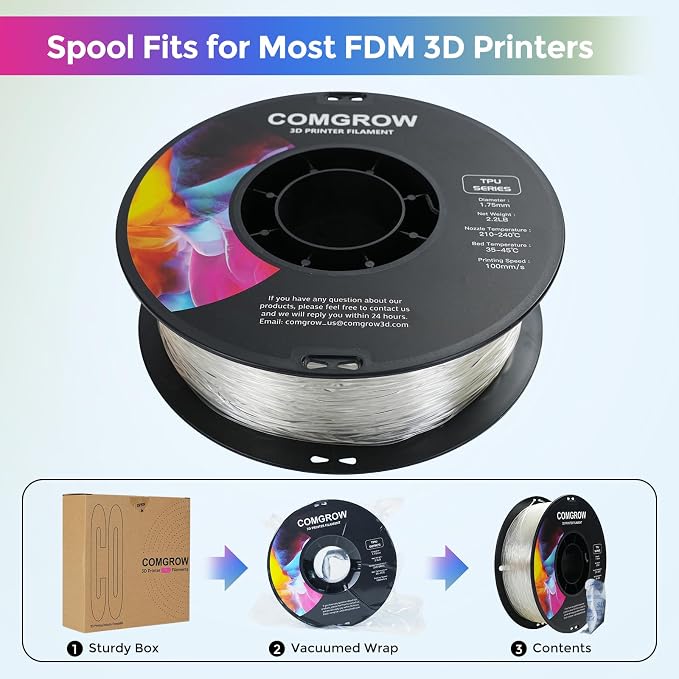 Comgrow TPU Filament 1.75, Flexible 95A Soft 3D Printing Filament fit Most 3D Printers Dimensional Accuracy +/- 0.02mm TPU Transparent1kg (2.2lbs)