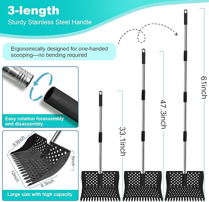 12" 2-in-1 Chicken Poop Scooper & Rake (US Patent No. D1124534), 3-Shape Sifting Holes Chicken Coop Rake, Stainless Steel Handle (20–61") - Litter Scoop Sand & Sifting Shovel (Black)