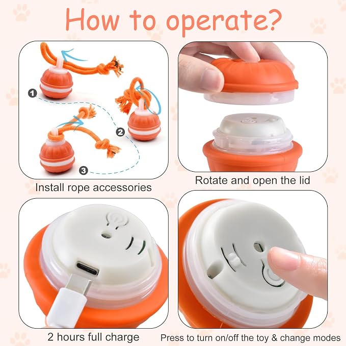 P06 Interactive Dog Toys Dog Balls, Electric Automatic Moving and Rolling Dog Toy with Rope for Small Medium Dogs, Fun Smart Puppy Toy s for Boredom & Training, Dog Toys to Keep Them Busy (Orange) | Auto-Moving Puppy Toys, 3 Modes with RGB Lights & Bir...