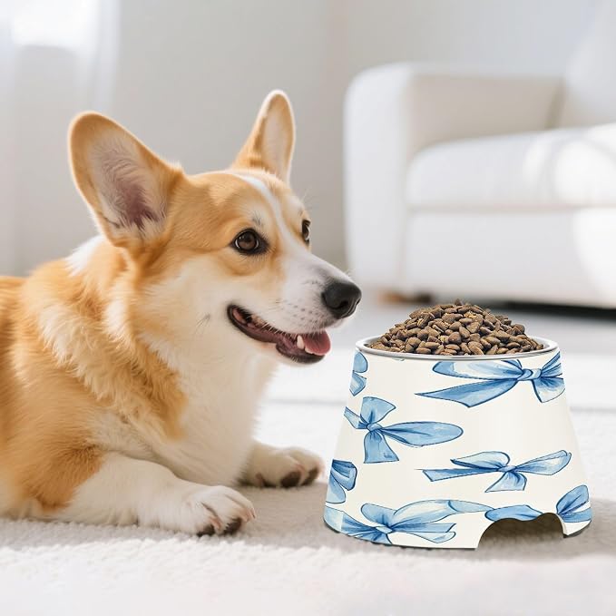 YETTASBIN Blue Bow Elevated Dog Bowls, Prevention of Vertebrae Disease Raised Dog & Cat Bowl Stand with Removable Stainless Steel Bowls, Non-Slip Spill-Proof Pet Food & Water Bowl Dish