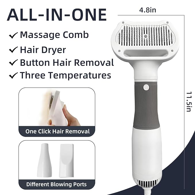 Dog Grooming Dryer with Slicker Brush, 3 in 1 Professional Portable Pet Dryer for Dogs Cats Adjustable Temperature Speed Settings, Pet Blow Brush for Home Travel Use (Gray)