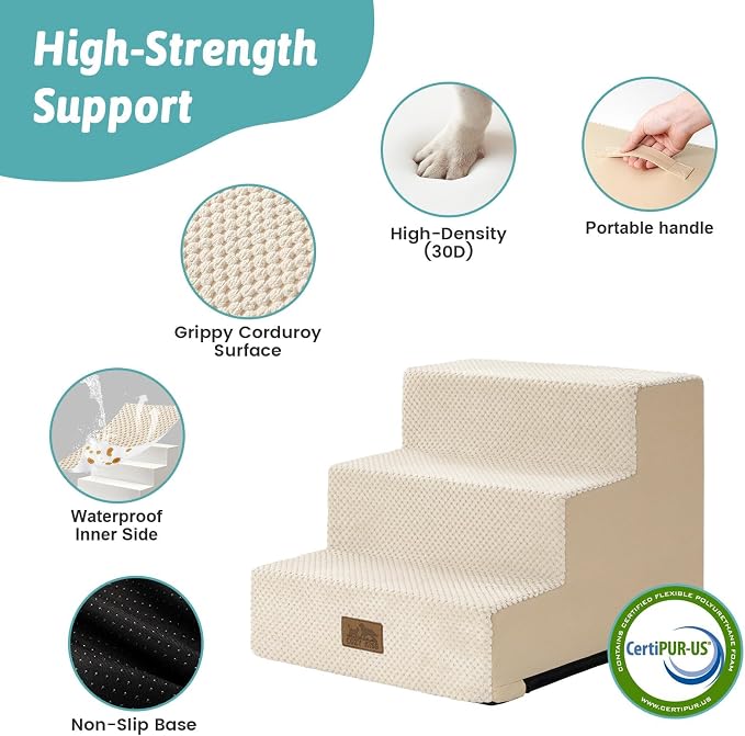 COZY KISS Dog Stairs for Small Dogs, 3 Step Pet Stairs for Beds & Couches | 13.5" H Non-Slip Dog Steps for Bed, Ideal for Puppies, Senior Cats, and Small to Medium Dogs, 15.7x17.7x13.5 in, Beige