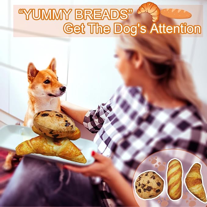 Cute Dog Toys Set,Food Shape Squeaky Plush Toys for Puppy, Cute Stuffed Breads Breakfast Dog Teeth-Cleaning Chew Toy with Squeakers for Puppy Small Medium Dogs (3 Pack)