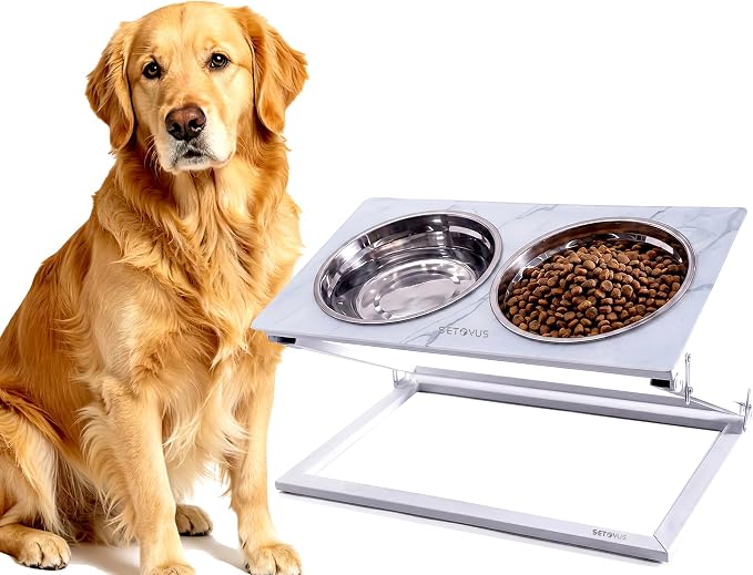 Elevated Dog Bowls, Height-Adjustable Stand with 2 Stainless Steel Food Bowls and a 20° Tilted Water Bowl—Suitable for Small, Medium, and Large Dogs(Faux Marble (White), Large)