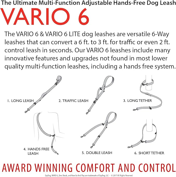 EzyDog Vario 6 Multi-Function Dog Leash - Standard, Red | Use as a 6.5 ft, 5.5 ft, or 4ft Leash, Use Hands Free, As a Short or Long Tether, or Double Leash, 1" Wide, Dogs Over 26 lbs