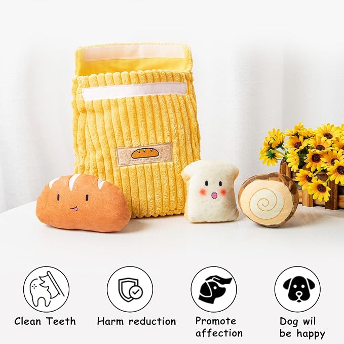 Hollypet Squeaky Hide and Seek Dog Toys for Small and Medium Dogs, Bread | Interactive Plush Stuffed Dog Squeak Toys for Small Medium Sized Dogs and Non-Aggressive Chewers, Puppy Teeth Clean Chew Toys