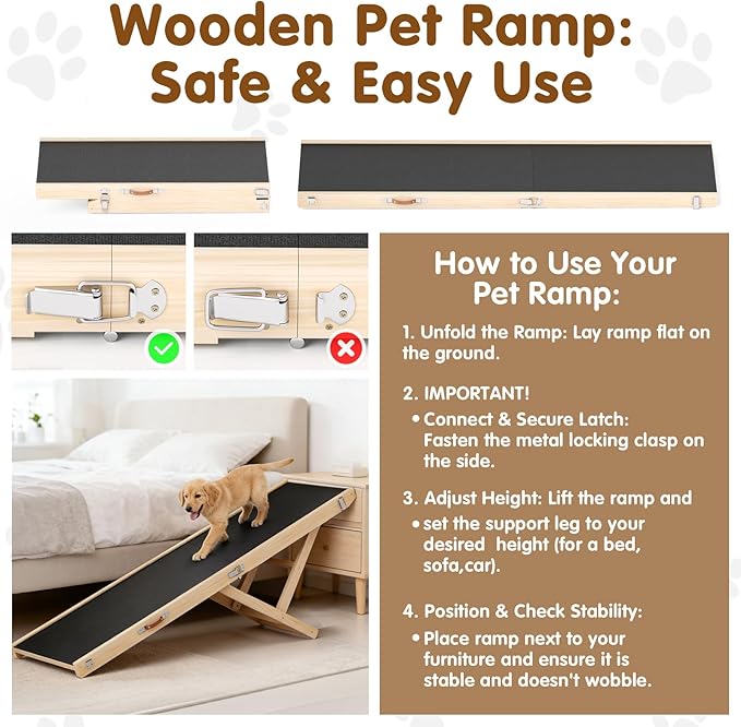 Foldable Dog Ramp for High Beds & SUVs, 63 Inch with High-Traction Mat. Adjustable Height (19.7"-31.5") for Medium, Large & XL Dogs - Portable Pet Stairs Alternative