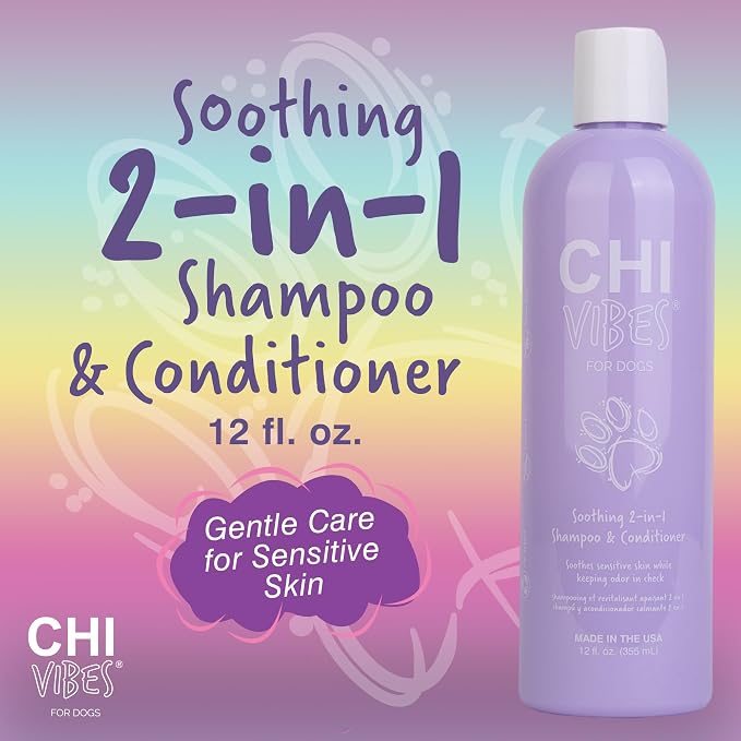 CHI Vibes for Dogs Soothing 2-in-1 Shampoo & Conditioner, 12 Oz | For sensitive skin, deodorizes, vegan formula, pH-balanced, gluten and paraben free, for puppies and adults