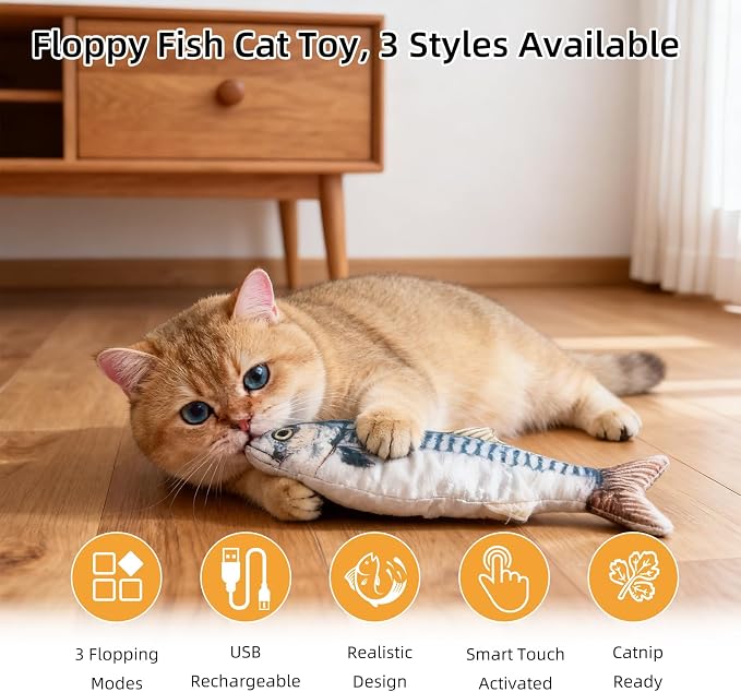Flopping Fish Cat Toy, Interactive Moving Plush Cat Kicker Toy with Catnip Pocket, USB Rechargeable Automatic Wiggle Mackerel Toy for Indoor Kitten & Small Dogs, Single Mackerel（11.02Inch）