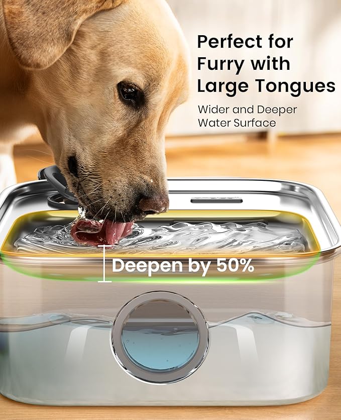 oneisall Dog Water Fountain, 2.6Gal/10L Stainless Steel Dog Water Bowl Dispenser with Deeper Drinking Aera & Washable Filter, Ultra-Quiet Pet Water Fountain for Small Medium Large Dogs(with 5 Fllters)