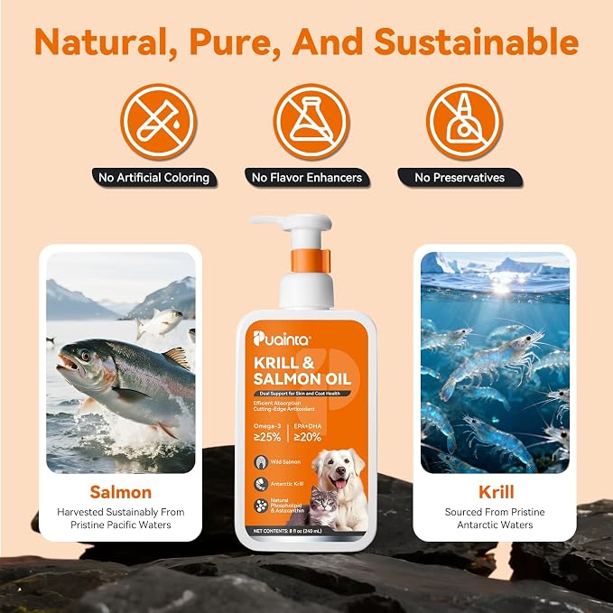 PUAINTA Omega 3 Fish Oil for Dogs & Cats, Salmon & Krill Oil with EPA DHA