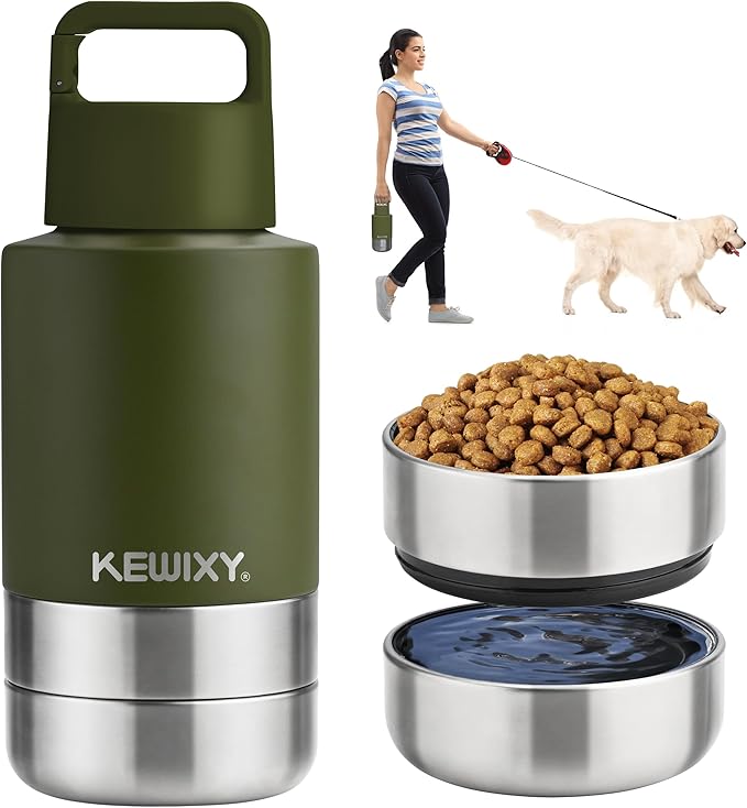KEWIXY Insulated Dog Travel Water Bottle with Detachable Bowls, 32oz, Olive Green
