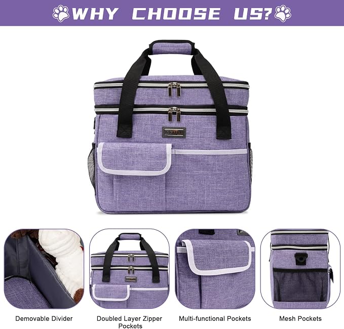 BAGLHER Dog Travel Bag, Double-Layer, with Food Containers & Bowls, Purple
