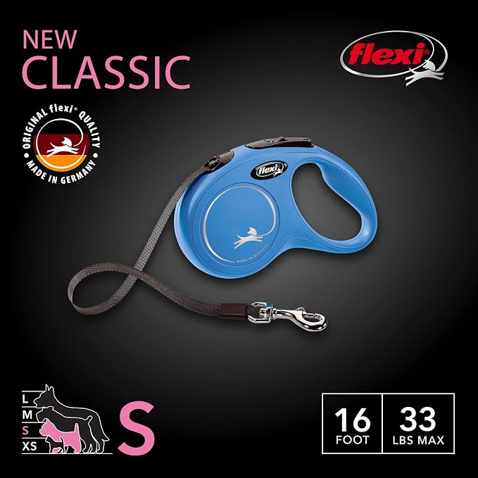 FLEXI® Classic Tape Retractable Dog Leash, Small, 16 ft - Blue | German engineered, original flexi leash, durable quality for dogs up to 33 lbs, tangle-free, walking, reliable brake system