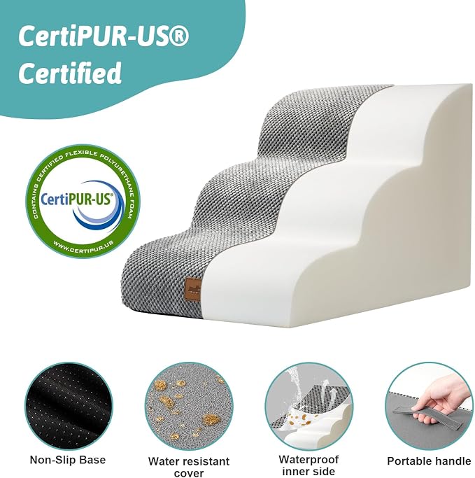 COZY KISS Wide Dog Stairs for Small Dog 15.7" H, Pet Step for Puppy, Older Cat, Curved Ramp for Couch, Durable Anti-Slip Ladder with High Density Foam, 3 Step, 17.7x22.4x15.7 inch, Grey