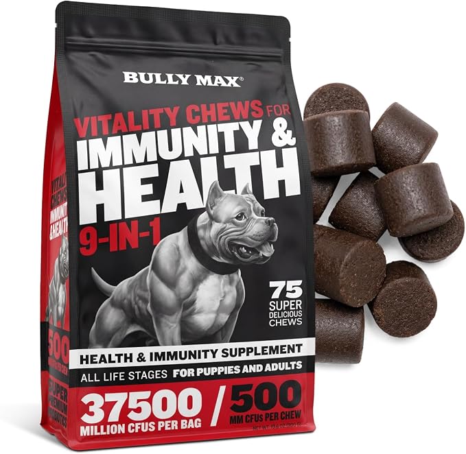 Bully Max 9-in-1 Dog Multivitamin, 75 Soft Chews - Dog Vitamins and Supplements with Glucosamine Probiotics Omega-3 for Hip & Joint, Skin & Coat, Immune, Digestive Support, All Breeds, Made in USA
