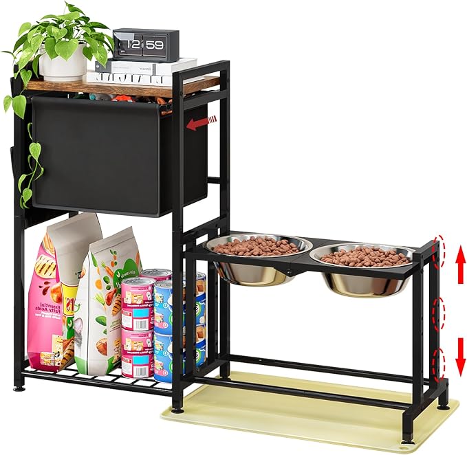 Elevated Dog Bowl Stand with Toy Basket Adjustable Metal Feeding Station Cabinet with Non-Slip Silicone Mat Pet Storage Organizer for Large Medium Small Dogs and Cats Black Include 2 Dog Bowl