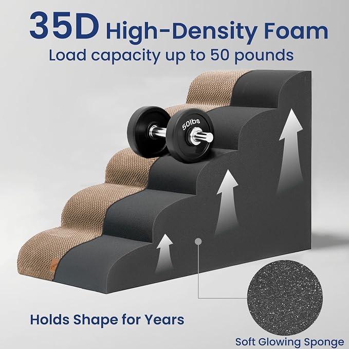 GoGoBunny Ramp Dog Stairs for High Beds 22.6" H, 5-Step Dog Slope Stairs with Durable Waterproof Fabric Cover, Pet Steps for Old Large Dogs Climbing, Non-Slip Sturdy Indoor Step, Camel