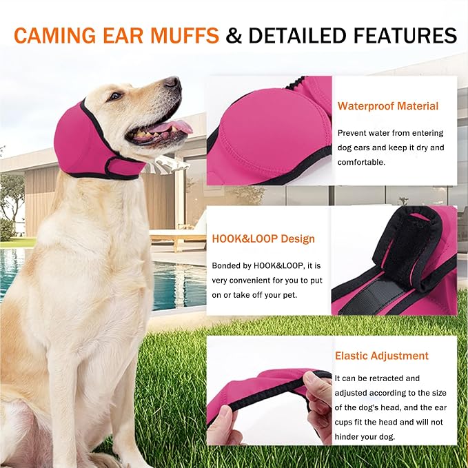 SEIS Calming Dog Ears Cover, Swimming Waterproof Pet Ear Caps, Large Dog Shower Cap for Ear Protection for Bath for Grooming (Pink, S (Head Circumference 10"-15"))