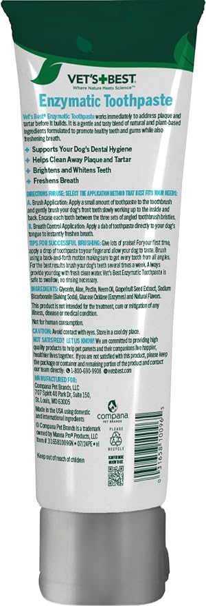 Vet's Best Enzymatic Dog Toothpaste Dental Gel, Vet Formulated 3.5 oz | Dog Teeth Cleaning Toothpaste, Helps Remove Plaque & Tartar, Freshens Dog Breath, Supports Daily Oral Hygiene, Vet Formulated