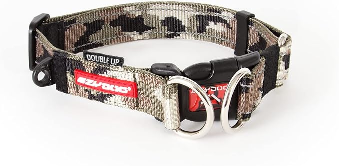 EzyDog Double Up Dog Collar, Strong Double D-Rings - Large, Green Camo | Dual D-Rings for Superior Strength, Safety, and Comfort, Soft Touch Nylon Webbing, Reflective Stitching, Id Attachement Point