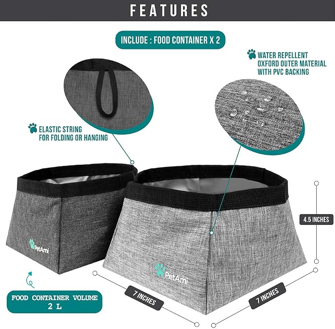 PetAmi Collapsible Dog Travel Bowls, Large, 2 Pack, Heather Grey