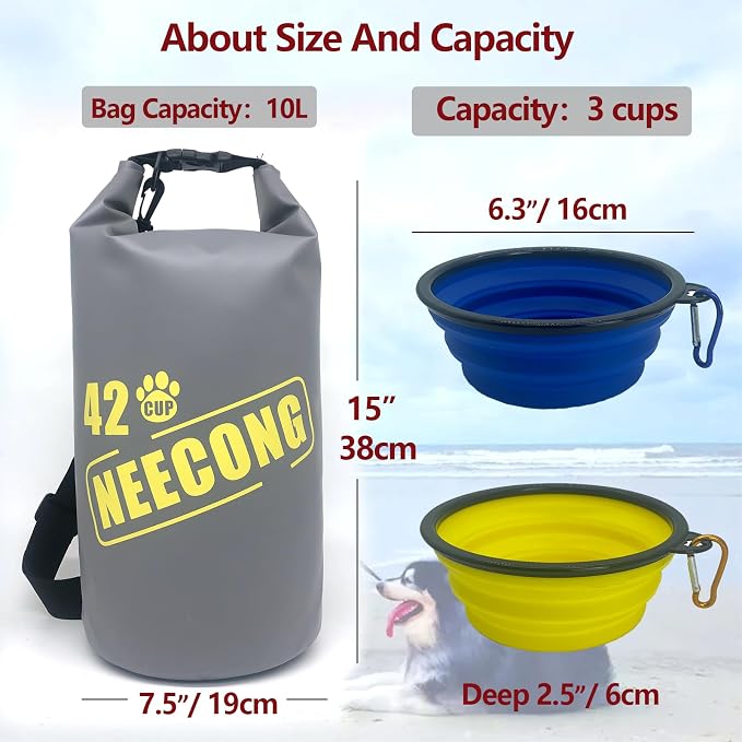 Dog Food Travel Bag with Collapsible Big Bowls, 800ml, 42 Cup, 10L