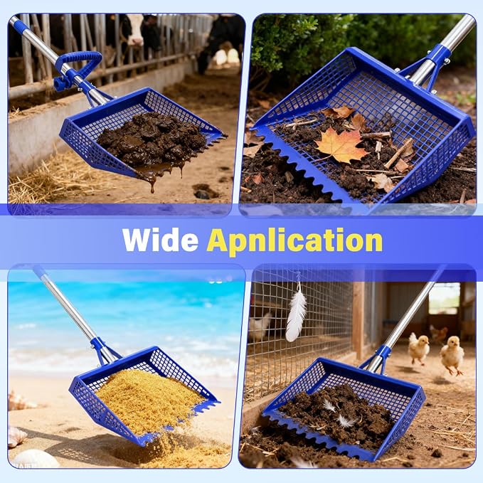 Chicken Poop Scooper & Rake 2-in-1, 304 Stainless Steel Shovel Head - 2X Waste Removal, Easy Clean Anti-Rust Litter Sifting Scoop, Cattle Pen & Beach Sand | Back-Knee Friendly Chicken Coop Accessories