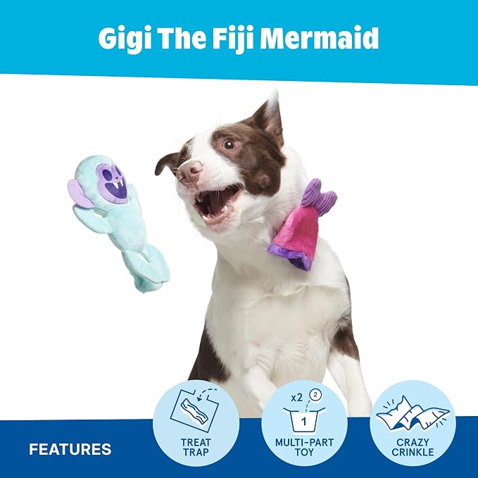 BarkBox Gigi the Fiji Mermaid Dog Toy - Toy for Medium and Large Dogs | Two-in-One Cryptid Plush Toy with Squeaker, Crinkle and Treat Holder