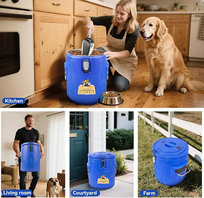 Newget 20lb Airtight Stainless Steel Dog Food Storage Container with Scoop, 20lb, Stainless Steel, Blue