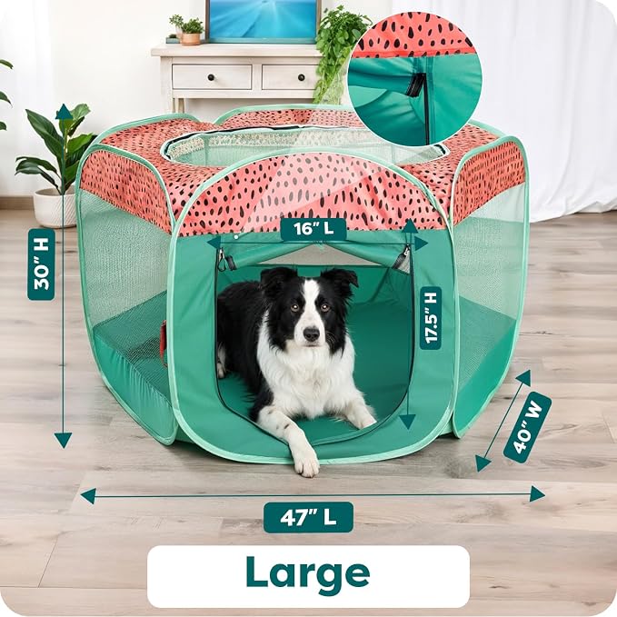 FurHaven Soft-Sided Dog & Cat Playpen, Portable Foldable Indoor & Outdoor Pet Playpen with Mesh Windows & Zippered Door, Green & Pink, Large