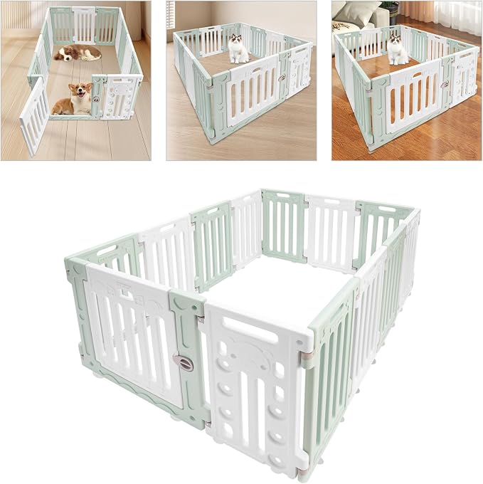 13pcs Dog Playpen w/Door Plastic Puppy Playpen Pet Exercise Pen Indoor Outdoor Fence Configurable Panels Secure Pet Gate for Small to Medium Pets (Green White)