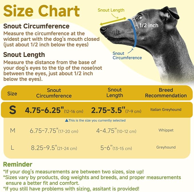 Soft Mesh Muzzle for Greyhound Whippet Long Narrow-Snouted Dogs | Prevent Excessive Biting Chewing Eating, Grooming Nail Trimming Walking Vet Visits Use, Allowing Drinking, Breathable | S