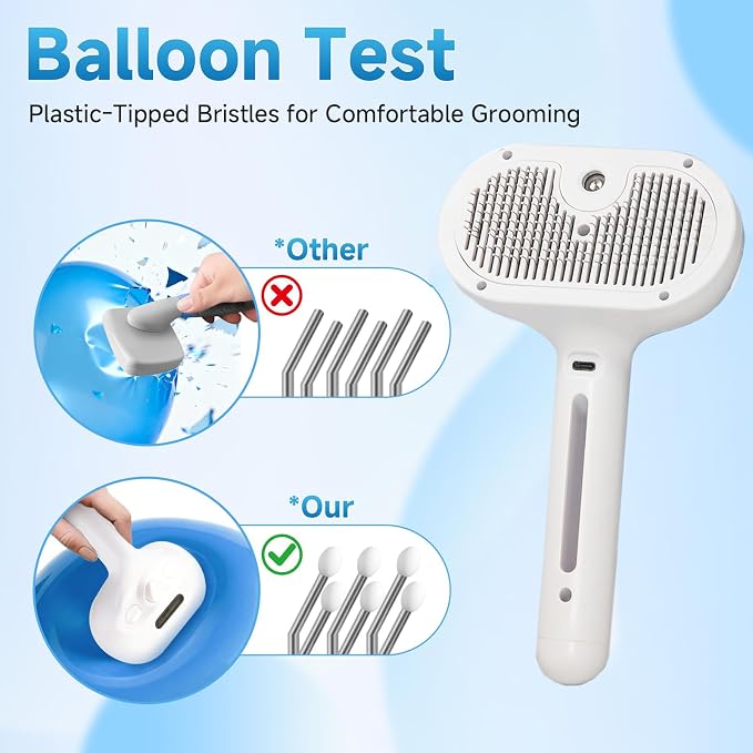 Pet Steam Brush for Cats & Dogs, Cool Mist Self-Cleaning Comb, White | Cool mist pet brush with self-cleaning hair release, stainless steel bristles and 120ML grooming essence for cats and dogs