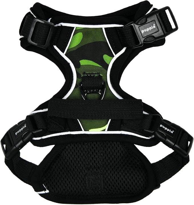Puppia Battle Dog Harness H Sturdy Adjustable Neck and Chest Reflective Camouflage Pattern Front and Back D-Ring for Small and Medium Dogs, Green, X-Large