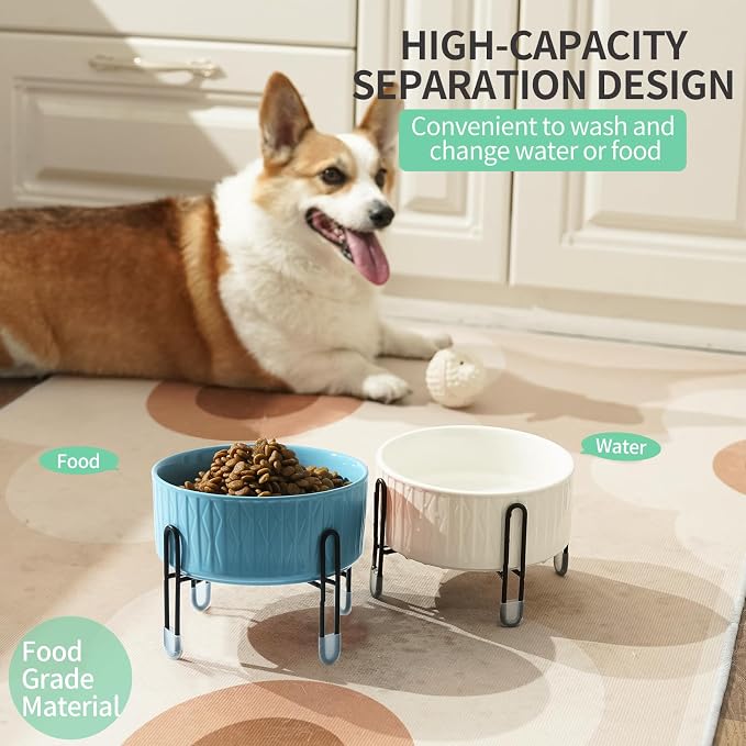 32 OZ Raised Dog Cat Bowls with Elevated Metal Stand, 6.5 Inch Ceramic Round Pet Food and Water Feeder Bowl Dish for Cats & Dogs, White & Blue, Set of 2
