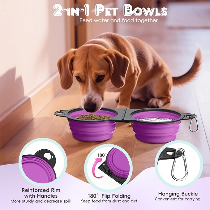 Pawaboo 2-in-1 Collapsible Dog Bowl, 450ml, Purple