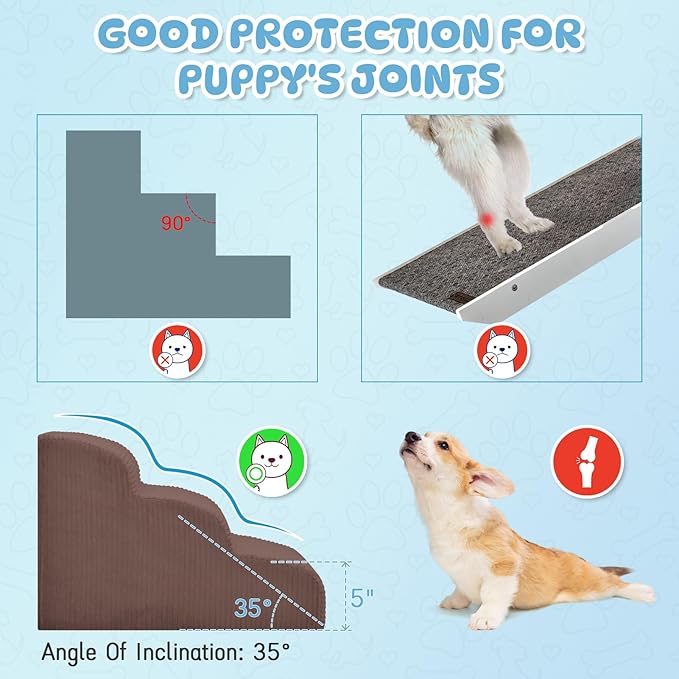 Mesa Lemon Dog Stairs & Steps for High Beds, 2 Steps High Density Foam Waterproof Dog Ramp for Small Dogs and Cats, Pet Stairs with Washable Cover for Bed, Couch, Sofa and Car, Coffee (H: 11.8")