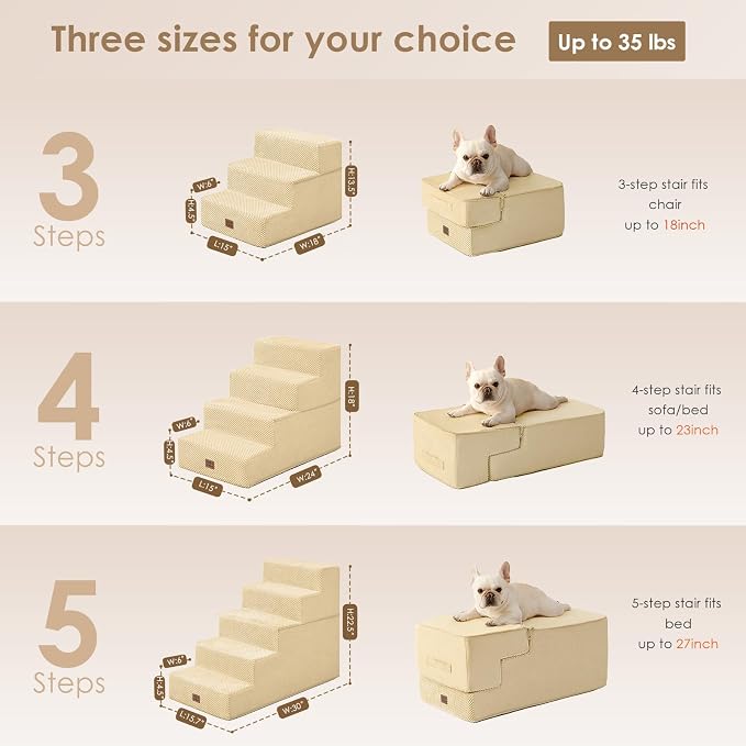 EHEYCIGA Dog Stairs for Small Dogs 13.5" H, 3-Step Dog Steps for Couch Sofa and Chair, Pet Steps for Medium Cats, Non-Slip Balanced Pet Ramp Indoor, Graige