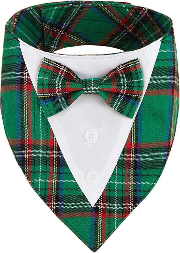 Adjustable Green Plaid Christmas Dog Tuxedo Bandana with Bow Tie, Large, XS, Green