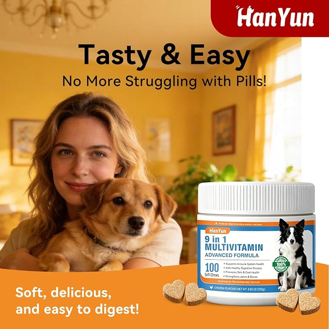 9-in-1 Dog Multivitamins Chewable,100 Count Dog Vitamins and Supplements Hip & Joint, Pet Immune Support, Skin & Coat, Gut & Heart Health - Senior & Puppy Multivitamin Pet Supplement