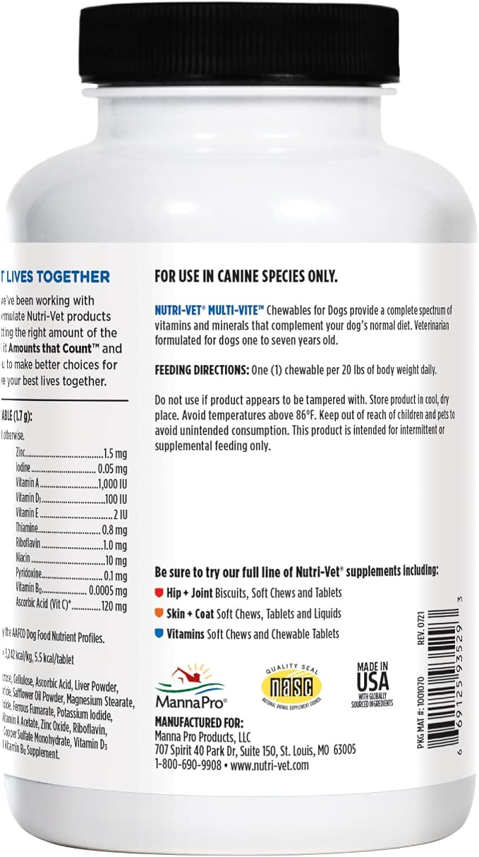 Nutri-Vet Dog Multivitamin, Daily Multivitamin for Dogs, 180 Count | Daily Multivitamin, Dog Vitamins, Dog Vitamins & Supplements, Immune Support, Balanced Nutrition, Overall Pet Health