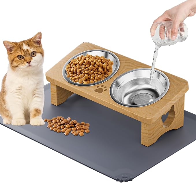 Elevated Cat Bowls, 15° Tilted Raised Cat Food Bowl with Solid Wood Stand & Stainless Steel Dishes, Cat Feeding Station with Silicone Mat, Helps Reduce Vomiting for Cats & Small Dogs(Natural)