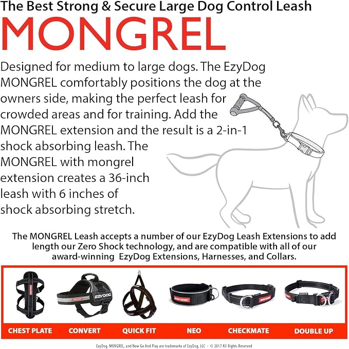 EzyDog Mongrel, 12" Short Dog Leash for Medium to Large Dogs - 12", Black | Strong Handle with Rubber Comfort Grip, Pyramid Handle Design, Keep Your Large Dog Close, Perfect for Control