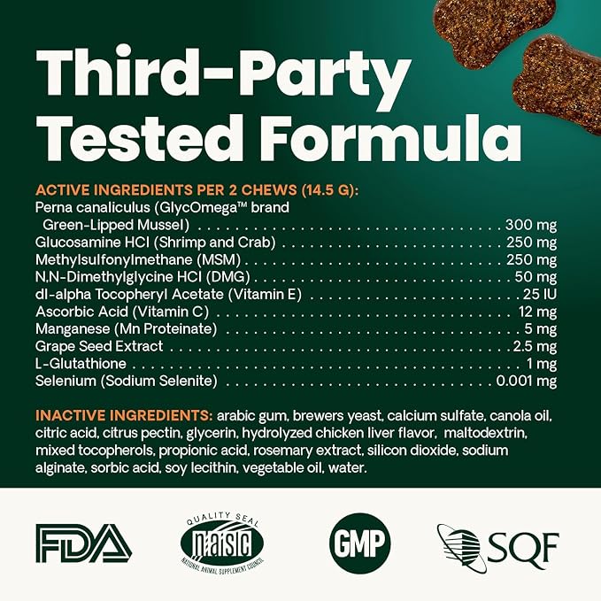 VetriScience Extra Strength Healthy Hip & Joint Chews, GlycoFlex Glucosamine and Green-Lipped Mussel Joint Support Supplement for Small Breed Dogs, Soothe Joint Discomfort, Chicken, 60 Count