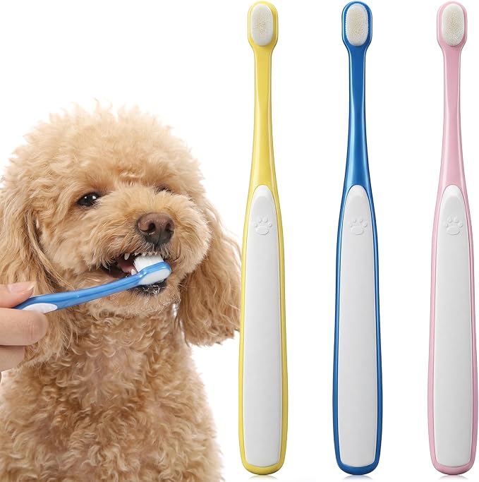 3 PCS Small Dog Toothbrush, Soft Puppy Toothbrush Deep Cleaning Mini Head Tooth Brush with Clear Case for Puppy Kitten Tiny Pets, Pink & Yellow & Blue