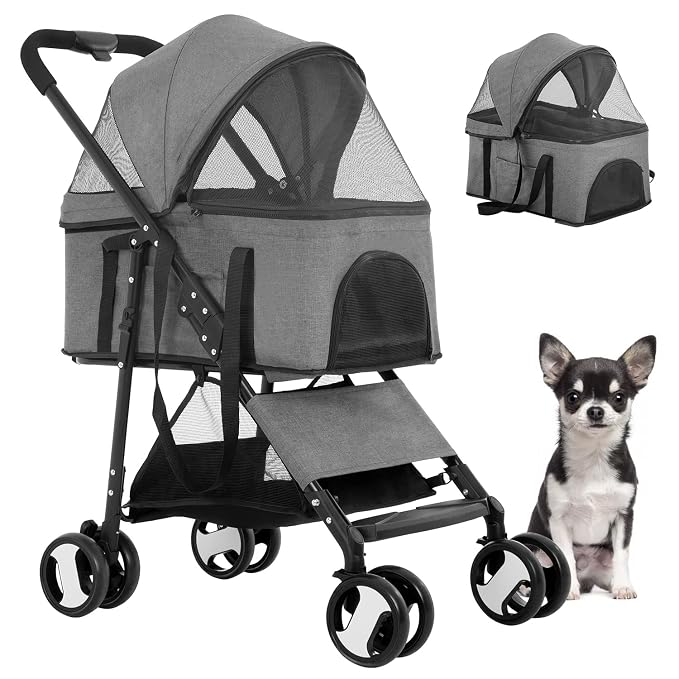 BestPet 4-Wheel Pet Stroller - Grey, Detachable Carrier