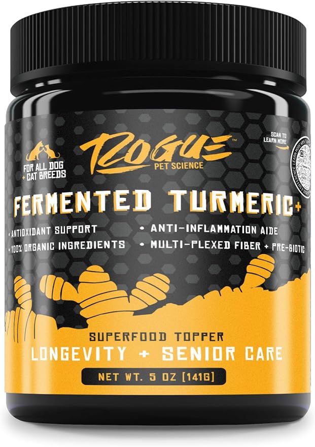 ROGUE PET SCIENCE Turmeric Plus for Dogs - Tasty Powdered Ginger & Fermented Turmeric Dog Food Topper - Supports Joint Inflammation, Allergies, Gut and Digestion - Helps Reduce Swelling(5.25 oz)