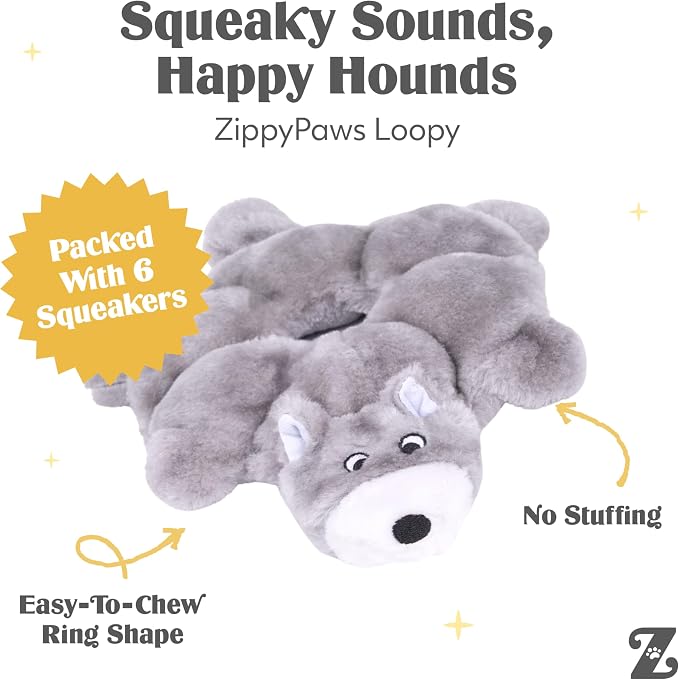 ZippyPaws Loopy No Stuffing Dog Toys to Keep Them Busy - 10" | For Small, Medium, & Large Dogs, Squeaky Pet Toy for Boredom, Unstuffed Chew Toy, Soft Plush Puppy Products, Wolf