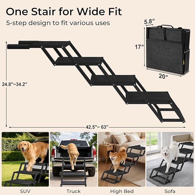 URPOWER Dog Stairs for Large Dogs Extra Wide 20" with 5 - Step Dog Ramp Steps for Car High Bed Foldable Pet Stairs with Detachable Non Slip Surface Car Ramps for SUV Truck Supports up to 260 Lbs